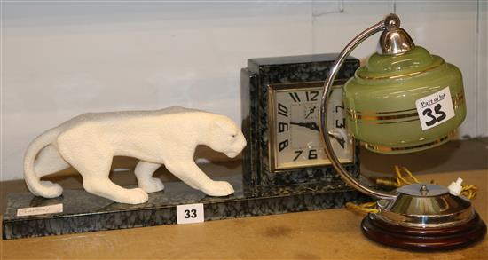 Clock with white ceramic panther & a small Deco lamp